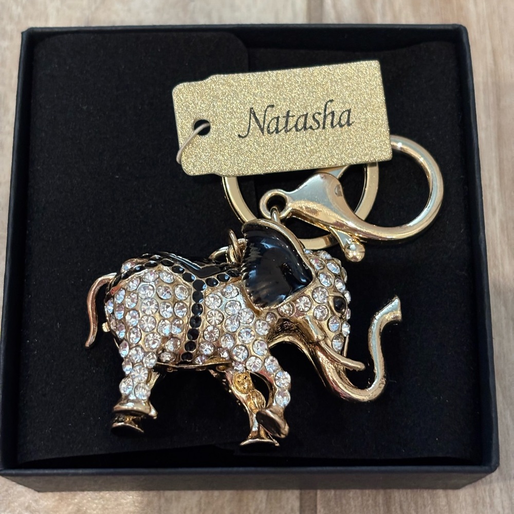 NWT Natasha Gold and Black Elephant Key Holder/ bag charm